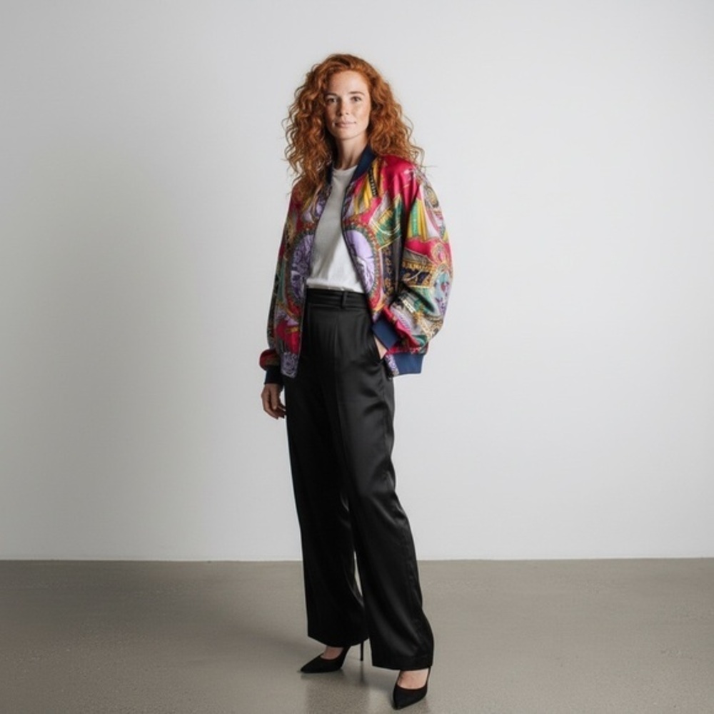 Jacqueline Ferrar Vintage 90s Statement Bomber Jacket Knights Print Power Dress